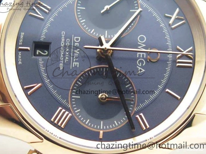 0128 QuickDry De Ville Chronograph RG OMF 1:1 Best Edition Blue Dial On Blue Leather Strap A 8107